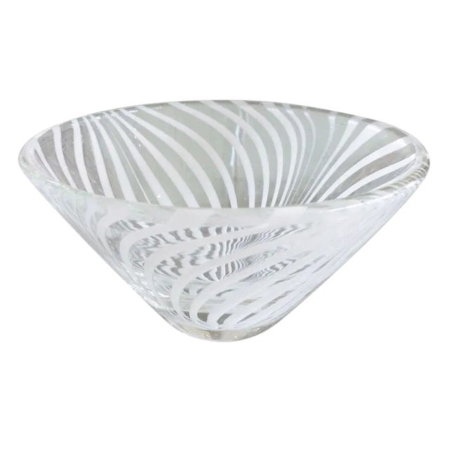 Vintage Swedish Glass Optical Small Bowl With White Stripes For Sale