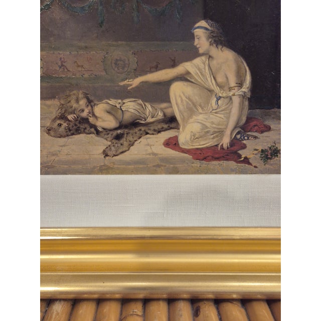 Fine 19th century oil painting on board of a mother and child with Pompey style frescos on the wall, executed in a pre...