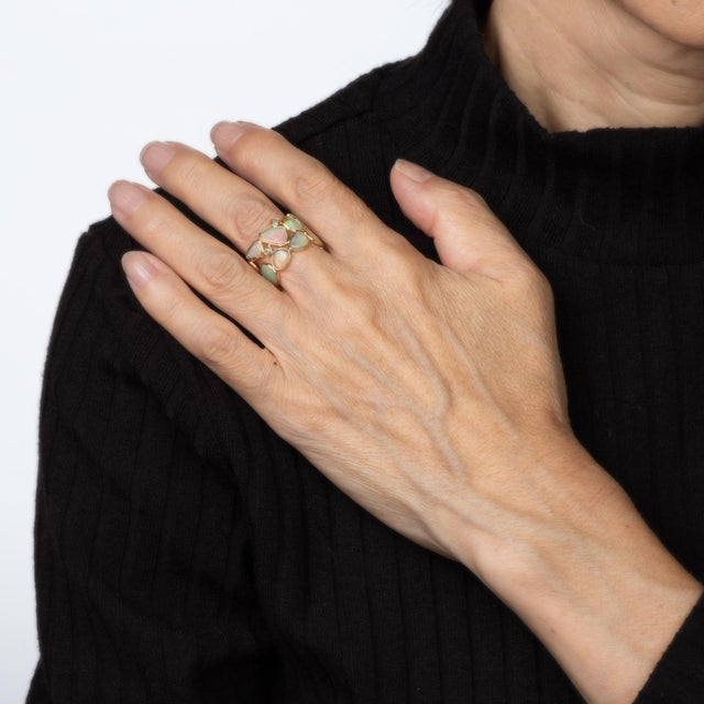 Early 21st Century Opal Diamond Wide Band Ring Sz 6.5 18k Yellow Gold Mosaic Statement Jewelry For Sale - Image 5 of 5