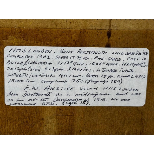Wood Frank Watson Wood Painting HMS London Signed First World War Royal Navy Watercolour Historic Anstice and Dardanelles Associations For Sale - Image 7 of 18