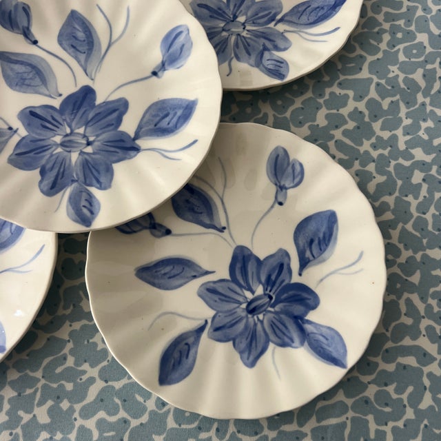 Antique Blue Ridge Southern Potteries Hand Painted Blue and White Flower Small Plates - Set of 8 For Sale - Image 4 of 6