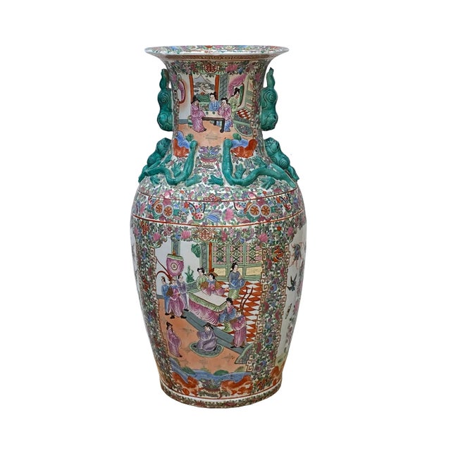 This is an oriental porcelain vase with decent details. It comes with a very detailed Chinese flower and people opera...