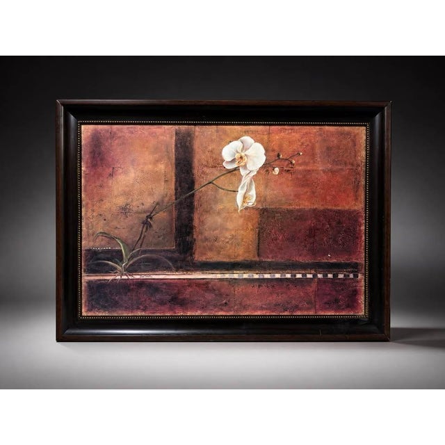Textured White Orchid Oil Painting in Dark Wood Frame For Sale - Image 4 of 4