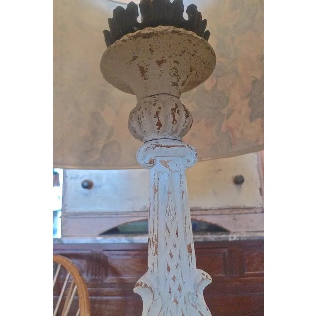 19th Century Italian Hand-Painted Wood and Tin Church Candlestick Lamps - a Pair For Sale - Image 10 of 13