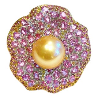 Bochic “Orient” Vintage South Sea Pearl & Pink Sapphire Ring Set 18K Gold & Silver For Sale