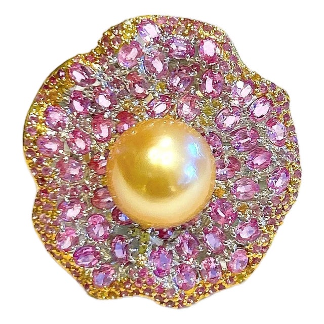 Bochic “Orient” Vintage South Sea Pearl & Pink Sapphire Ring Set 18K Gold & Silver For Sale