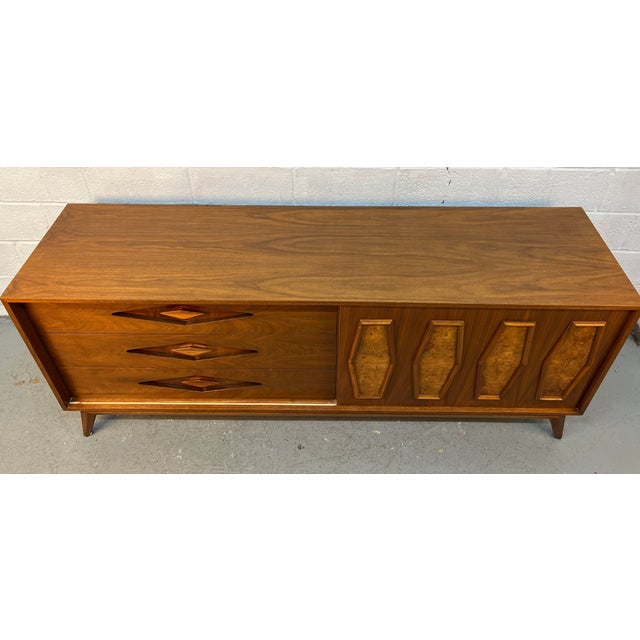 Mid-Century Modern Unique Mid-Century Burl and Walnut Diamond Motif Credenza For Sale - Image 3 of 16