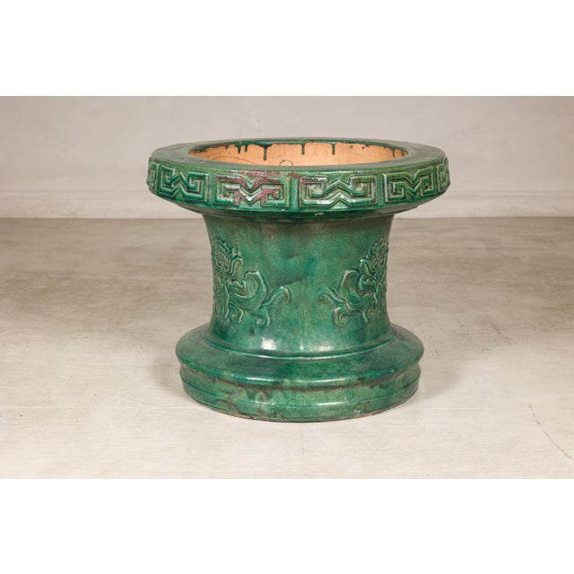 Chinese Vintage Green Glazed Ceramic Planter or Garden Seat Base with Foliage For Sale - Image 10 of 11