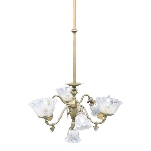Transitional Brass Electric & Gas 7-Light Chandelier & Diamond Cut Ruffled Glass Shades C1890 For Sale - Image 3 of 13