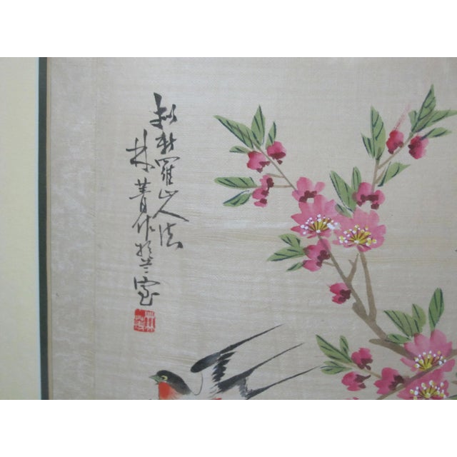 Chinese Cherry Flower Blossoms & 2 Birds on Branches Framed Painting on Cloth For Sale - Image 4 of 6