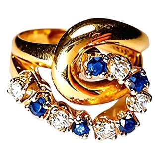 Late 20th Century Size 5.25 14K Yellow Gold Diamond Sapphire Swirl Ring Band For Sale