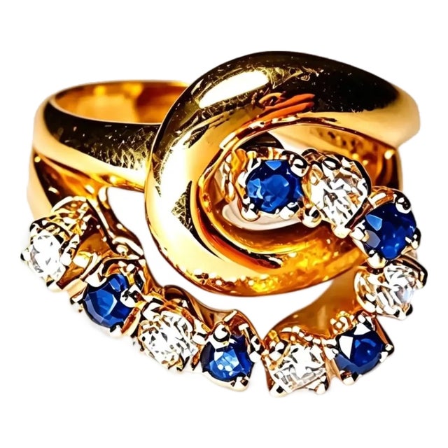 Late 20th Century Size 5.25 14K Yellow Gold Diamond Sapphire Swirl Ring Band For Sale