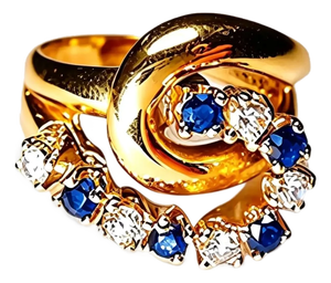 Late 20th Century Size 5.25 14K Yellow Gold Diamond Sapphire Swirl Ring Band