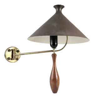Brass and Wood Wall Sconce with Black Shade, 1950s