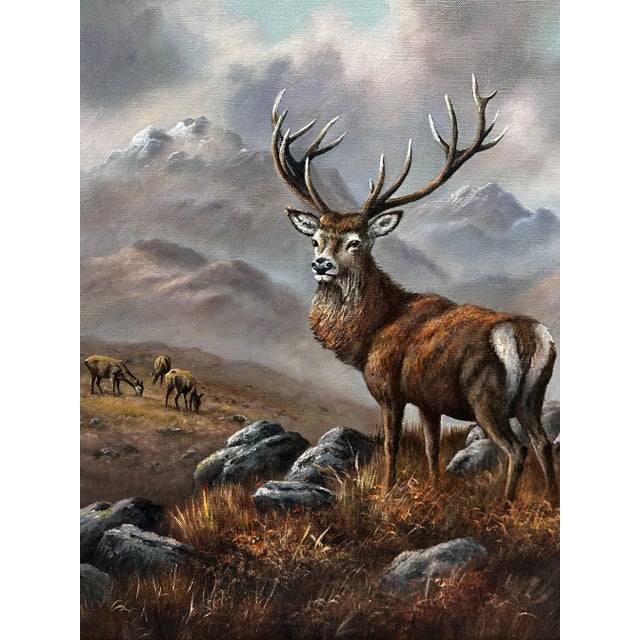 British Oil Painting Scottish Highlands Stag With Fawn Deers Monarch in ...
