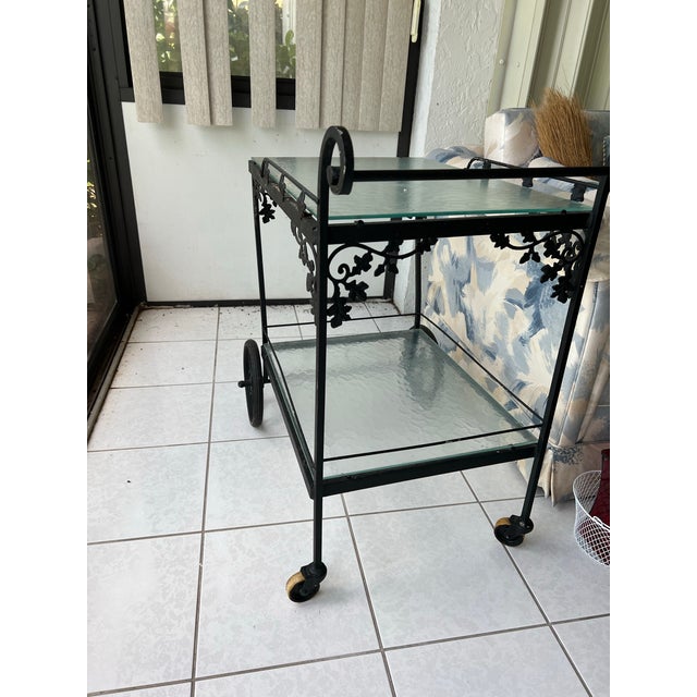 Art Deco Vintage Black Wrought Iron Bar Cart, Woodard Attributed For Sale - Image 3 of 10