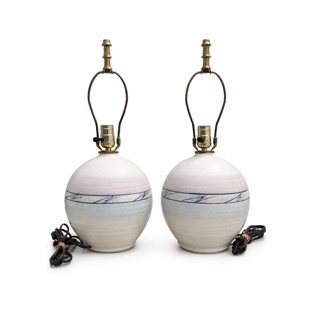 Mid-Century Modern Pair of 1980s Postmodern Blush and Blue Studio Pottery Lamps For Sale - Image 3 of 6