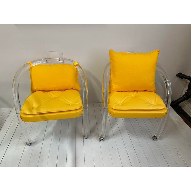 Vintage 1970s Postmodern Charles Hollis Jones Style Lucite Set of Rolling Chairs For Sale - Image 6 of 12