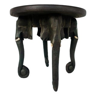 Vintage Ebonized Wooden Carved African Elephant Table For Sale