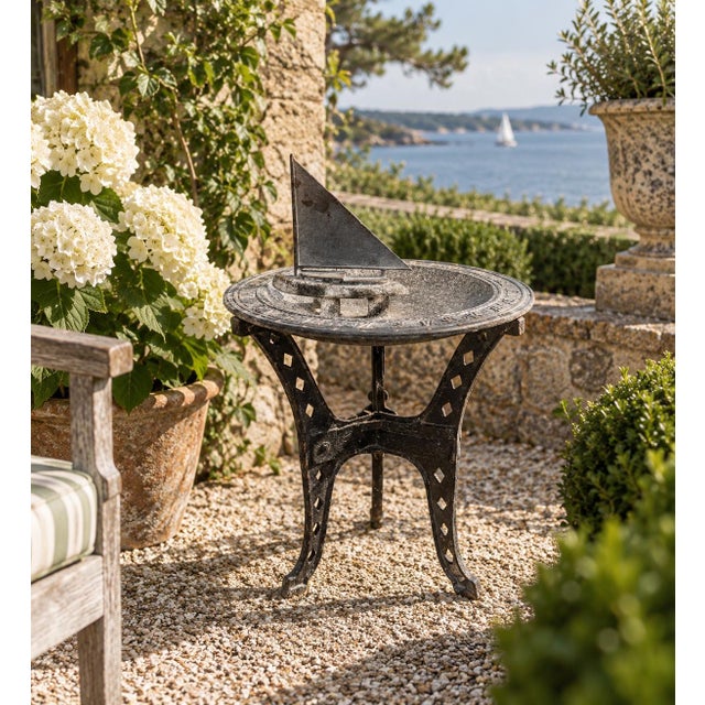 A beautiful vintage cast iron nautical garden sundial with a boat, reading "Tempus Fugit," which translated from Latin...