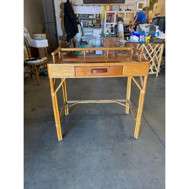 Restored Split Rattan and Mahogany Secretary Desk With Chair | Chairish