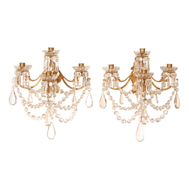 Antique French Crystal 4-Light Wall Sconces in the style of Baccarat, Set of 2 For Sale