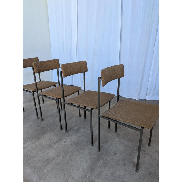 Vintage Industrial Black Metal School Chairs with Brown Fabric Seats, 1970s, Set of 4 For Sale - Image 14 of 18