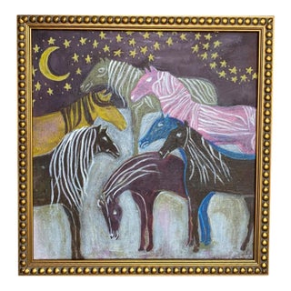 Whimsical Horse Painting Original | Folk Art Style Wall Art | Colorful Horses Under Moon | Framed Acrylic Painting 13x13 | Eclectic Decor For Sale