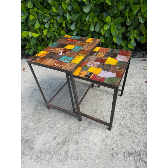 Vintage Industrial Reclaimed Metal Signage Nesting Tables - Pair For Sale - Image 11 of 11