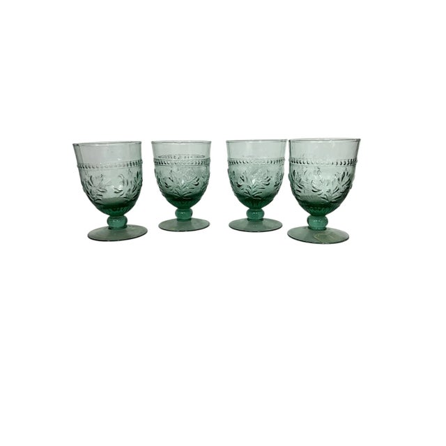 Farmhouse Vintage Pale Green Pressed Glass Large Wine Goblets - Set of 4 For Sale - Image 3 of 4