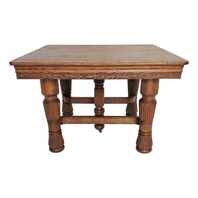 Antique 1900s Solid Oak Expandable Dining Table – Ornate Carved Apron 5-Leg Base For Sale