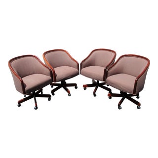 1950s Mid-Century Modern Wood Trimmed Upholstered Swivel Office Chairs - Set of 4 For Sale