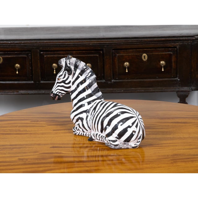 Mid 20th Century Italian Painted Terracotta Statue of a Brown Eyed Zebra Resting on the Ground For Sale In Atlanta - Image 6 of 9