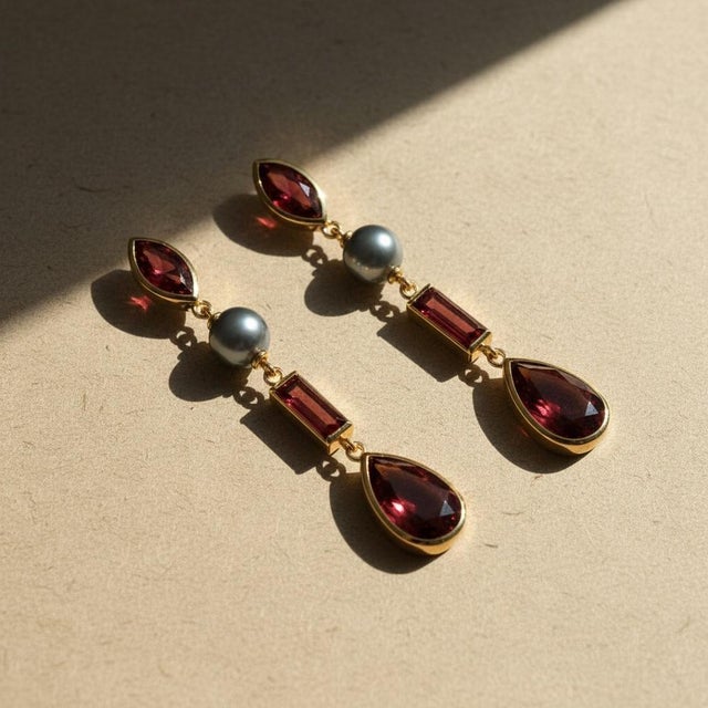 Not Yet Made - Made To Order Garnet & Pearl Drop Earrings Studs, Silver, Gold, Pair For Sale - Image 5 of 9