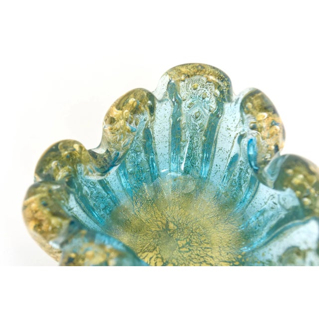 Barovier e Toso MId Century Modern Barovier E Toso Murano Cordonato d'Oro Turquoise and Gold Aventurine Glass Bowl For Sale - Image 4 of 8