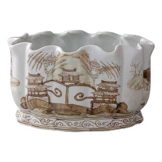 Canton Scallop Chinoiserie Tableau Planter, Brown For Sale
