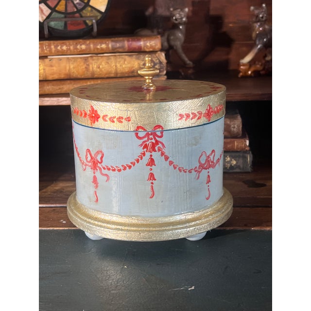 Blue Round French Louis XVI Style Vintage Handpainted and Gilded Box With Velvet Interior For Sale - Image 8 of 8