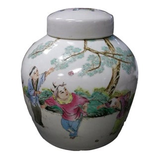 Circa 1970 Chinese Famille Rose Porcelain Four Boys at Play Yingxi Motif Ginger Jar For Sale