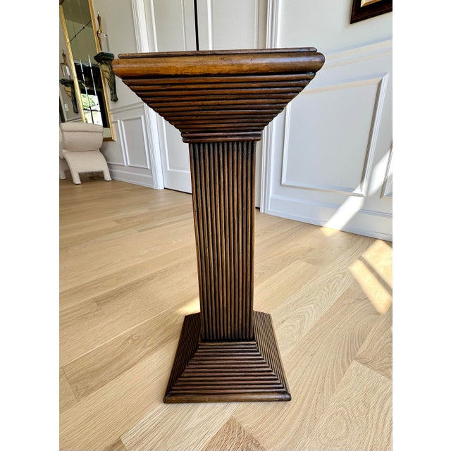 Vintage Dark-Stained Pencil-Reed Rattan Pedestal / Plant Stand / Drink Table For Sale - Image 9 of 9