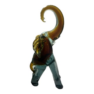 Vintage Italian Style Sommerso Art Glass Elephant Pair Amber Aqua Blue Clear Glass 9” For Sale