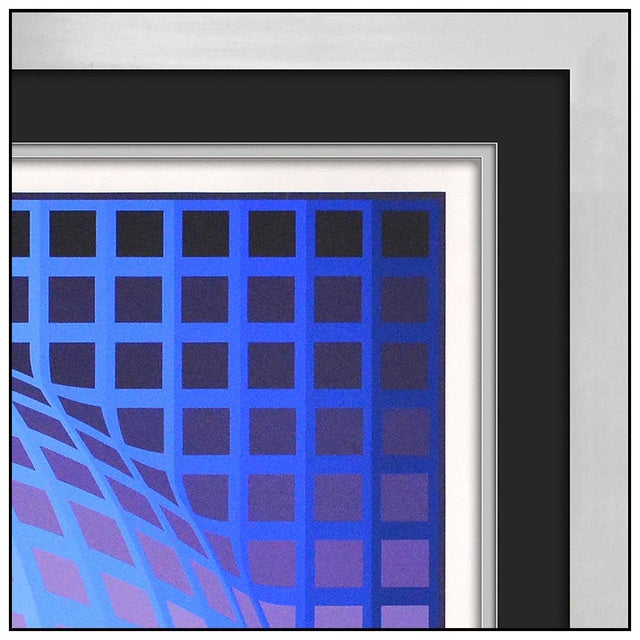 Late 20th Century Vega Kela Geometric Abstract Blue Screenprint With Embossing Victor Vasarely For Sale In Minneapolis - Image 6 of 6