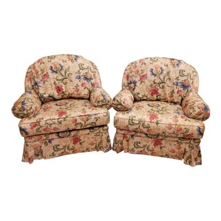 King Hickory Upholstered Overstuffed Arm Chairs Floral Pattern - a Pair For Sale