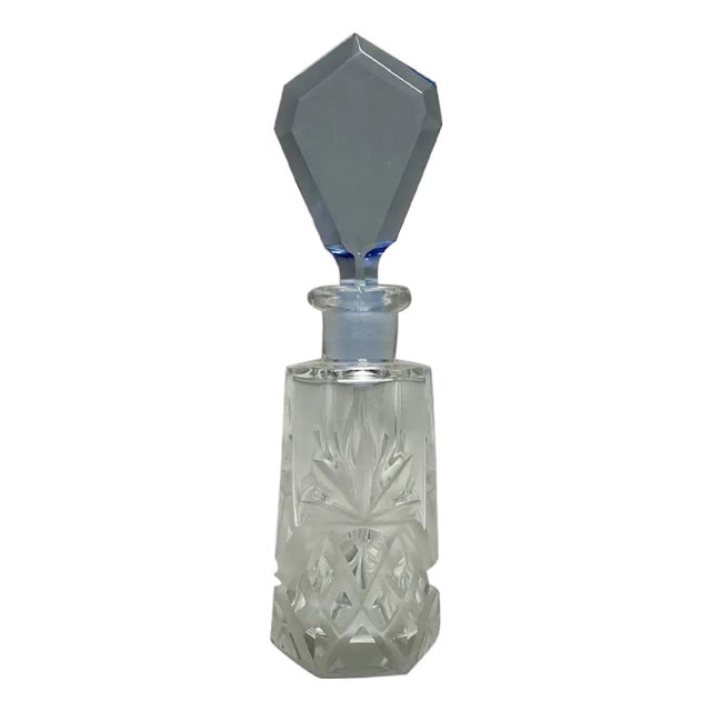 Art Deco Czech Crystal Perfume Bottle with Blue Stopper For Sale