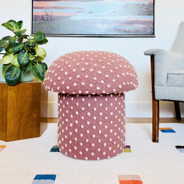 Modern Mushroom Ottoman in Petal Pink Wool Dot For Sale - Image 3 of 10
