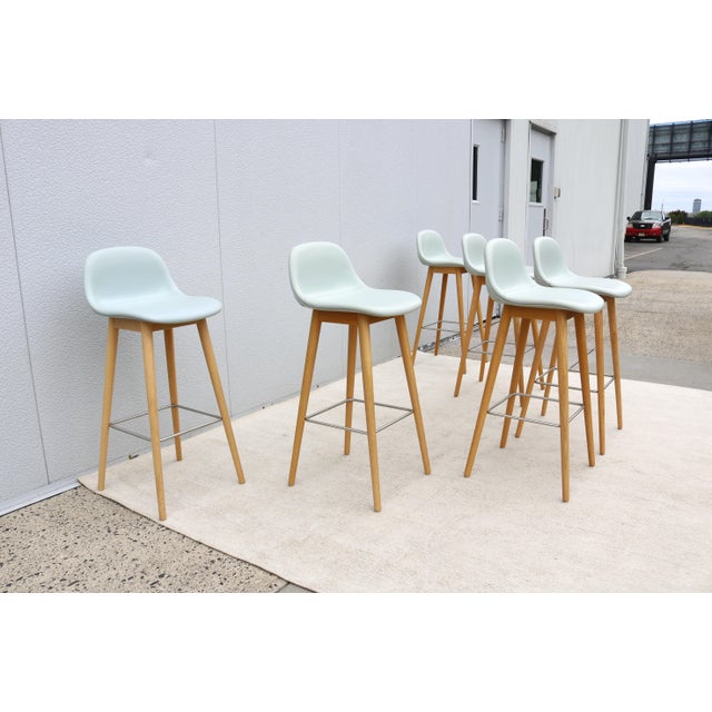 Danish Iskos-Berlin for Muuto Blue Leather Fiber Bar Stools Wood Base - Set of 6 For Sale - Image 12 of 18