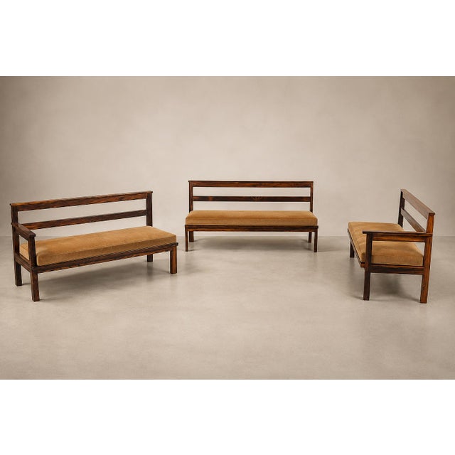 Camel Monumental Brazilian Modern Three-Module Bench in Rosewood and Warm Camel Mohair, 1960s For Sale - Image 8 of 18