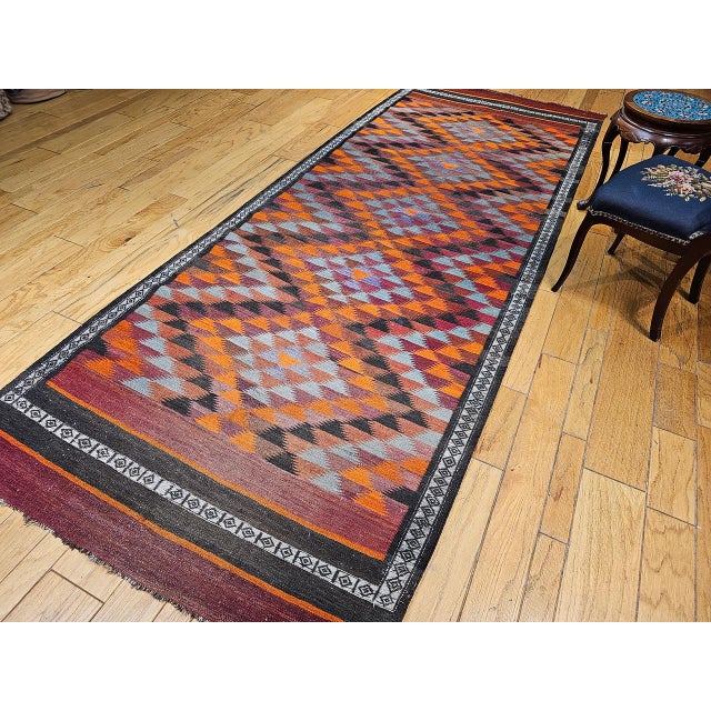 Vintage Moroccan Kilim Rug, Hand-Woven Wool, Geometric Pattern, 5' X 13' For Sale - Image 9 of 18