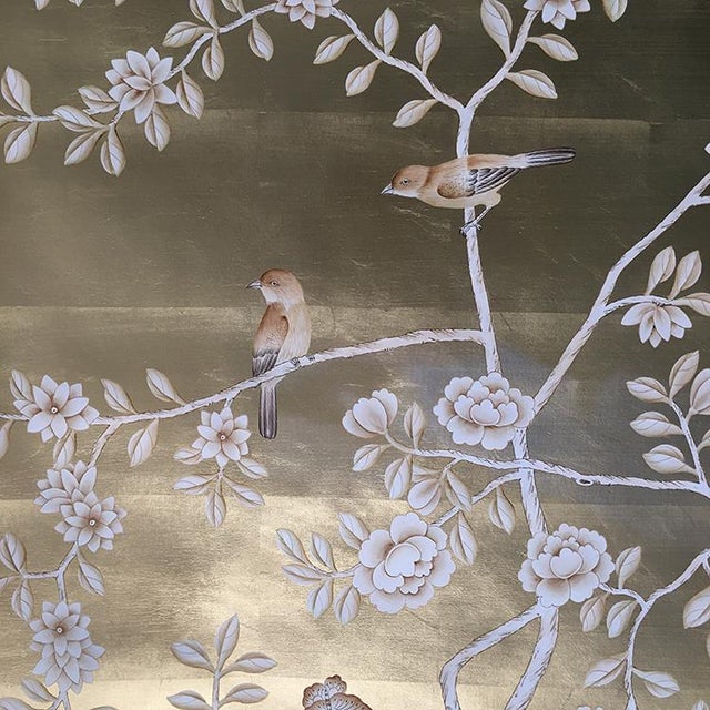 Chinese Silver Leaf Chinoiserie Hand-Painted Pale Blue Peony & Bird Wall Panels (Set of 5) For Sale - Image 3 of 15