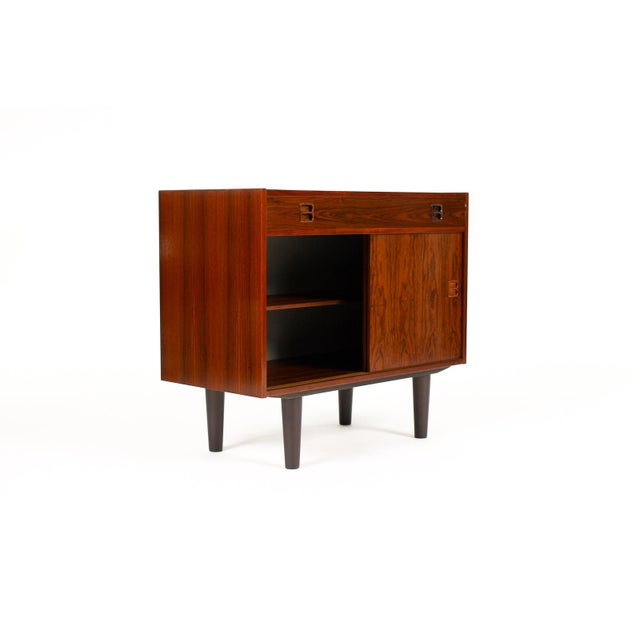 1960s Danish Modern Mid Century Compact Rosewood Credenza Sideboard — Sliding Doors + Shallow Drawer For Sale - Image 4 of 9