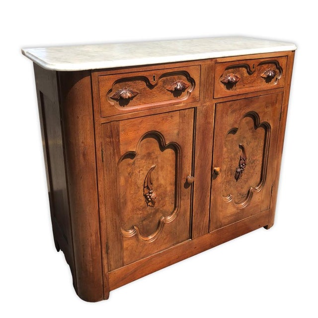 Antique Eastlake Victorian Marble Top Carved Burl Walnut Buffet Server
